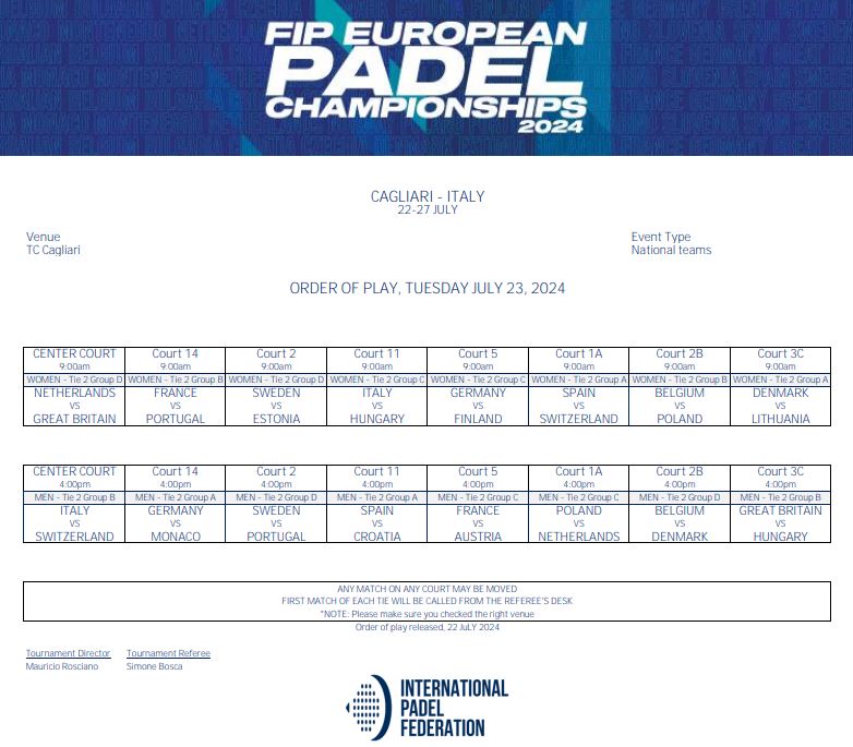 Orden de juego de la segunda jornada del Europeo de Pádel