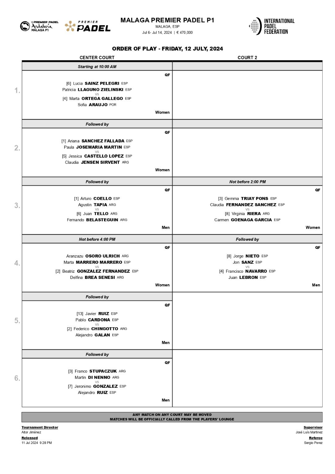 Enfrentamientos y orden de juego de los cuartos de final del Málaga Premier Padel P1