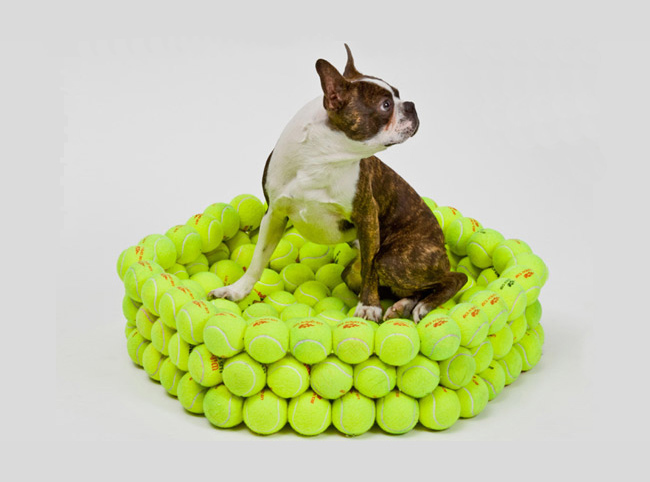 Sofa para perros con pelotas usadas